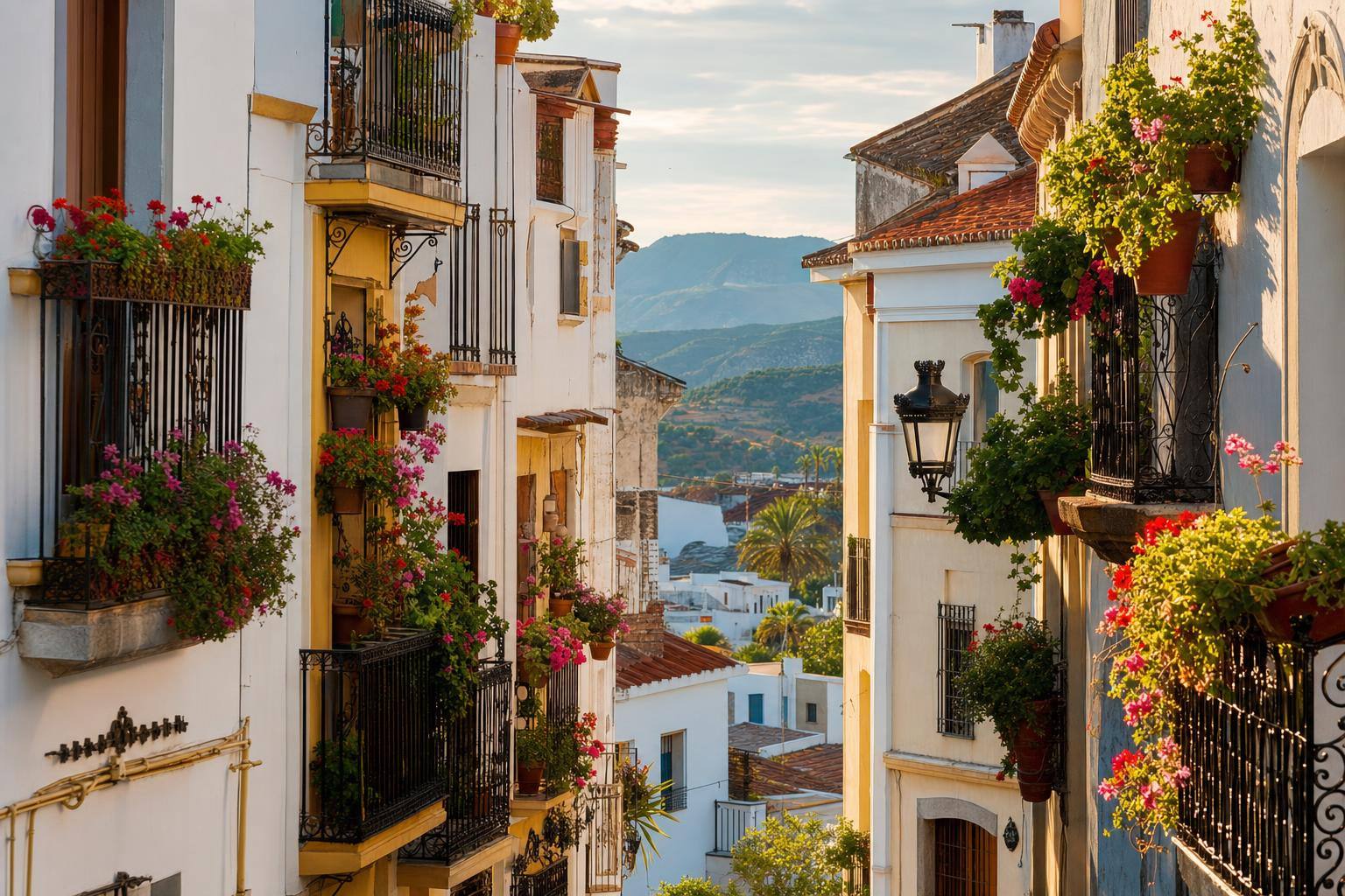 Klassisk spansk bygning med blomster på balkonger og smijernsdetaljer, terracotta-tak og smale gater i mediterranean stil og varmt ettermiddagslys