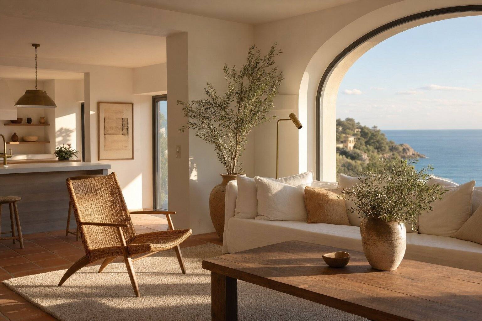 Moderne mediterransk leilighet i golden hour med åpen stue, hvite vegger, terrakotta gulv, buet vindu med sjøutsikt, linsofa og messinglampe