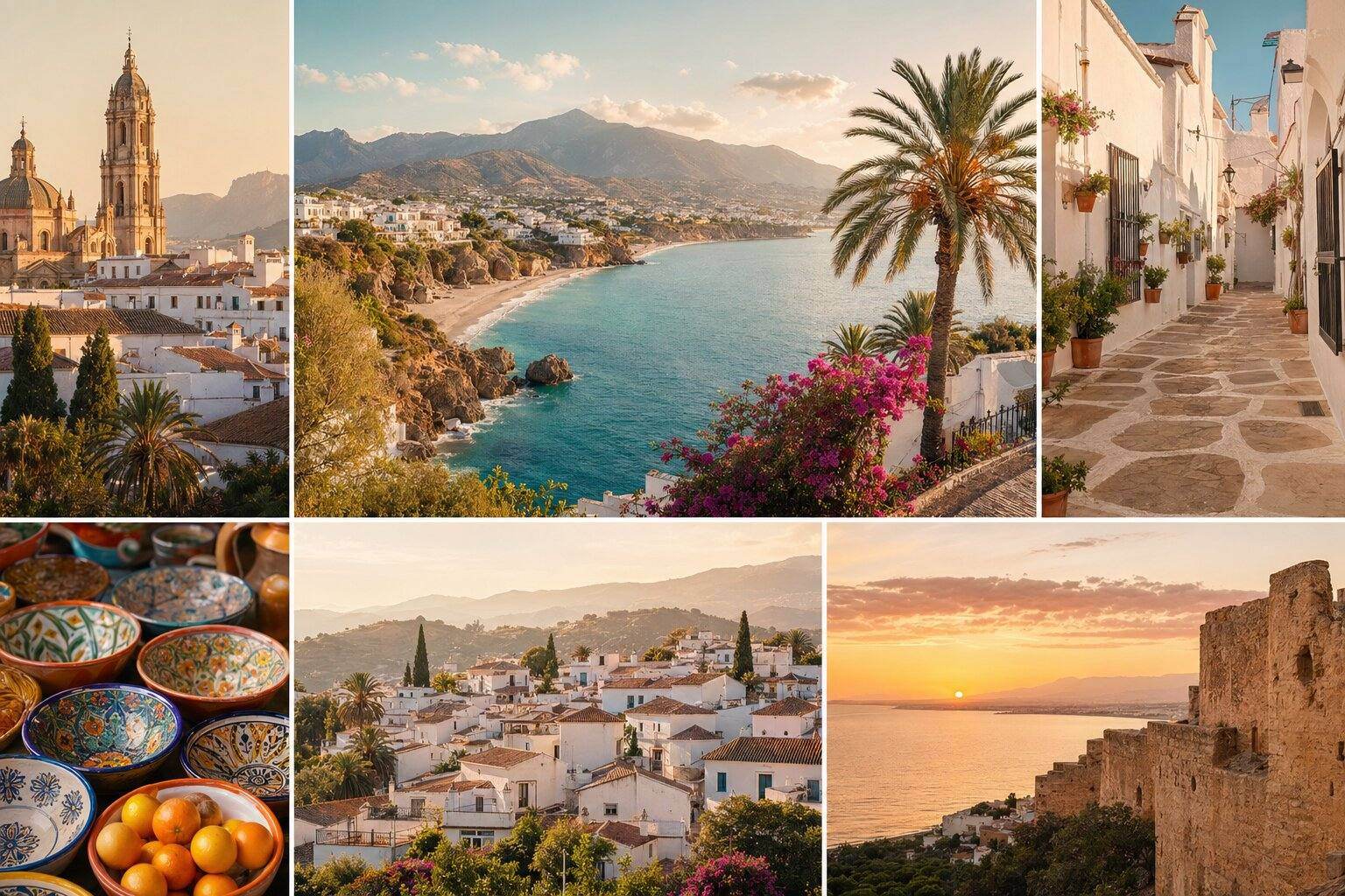 Sun-drenched Mediterranean coastline panorama med andalusisk hvitkalket landsby, terrakottatak, palmer og blått hav i golden hour-lys