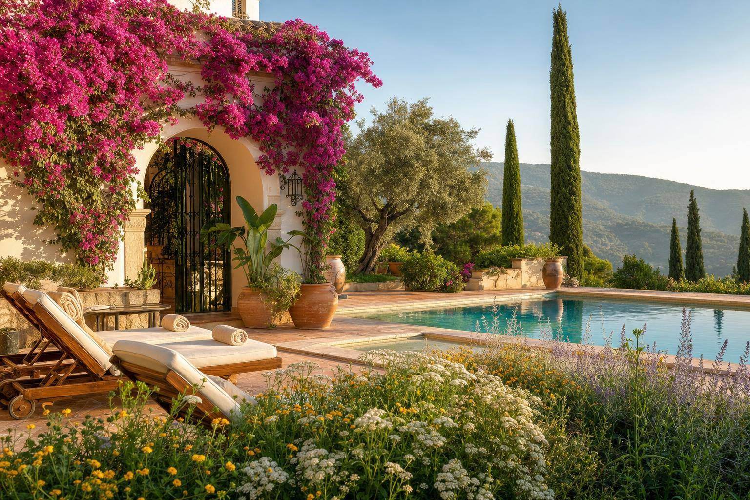 Klassisk middelhavs villaterrasse med stelt blomstereng og kunstferdig basseng, bougainvillea over buet inngang og tomme solsenger klar for sommergjester i varmt morgenlys