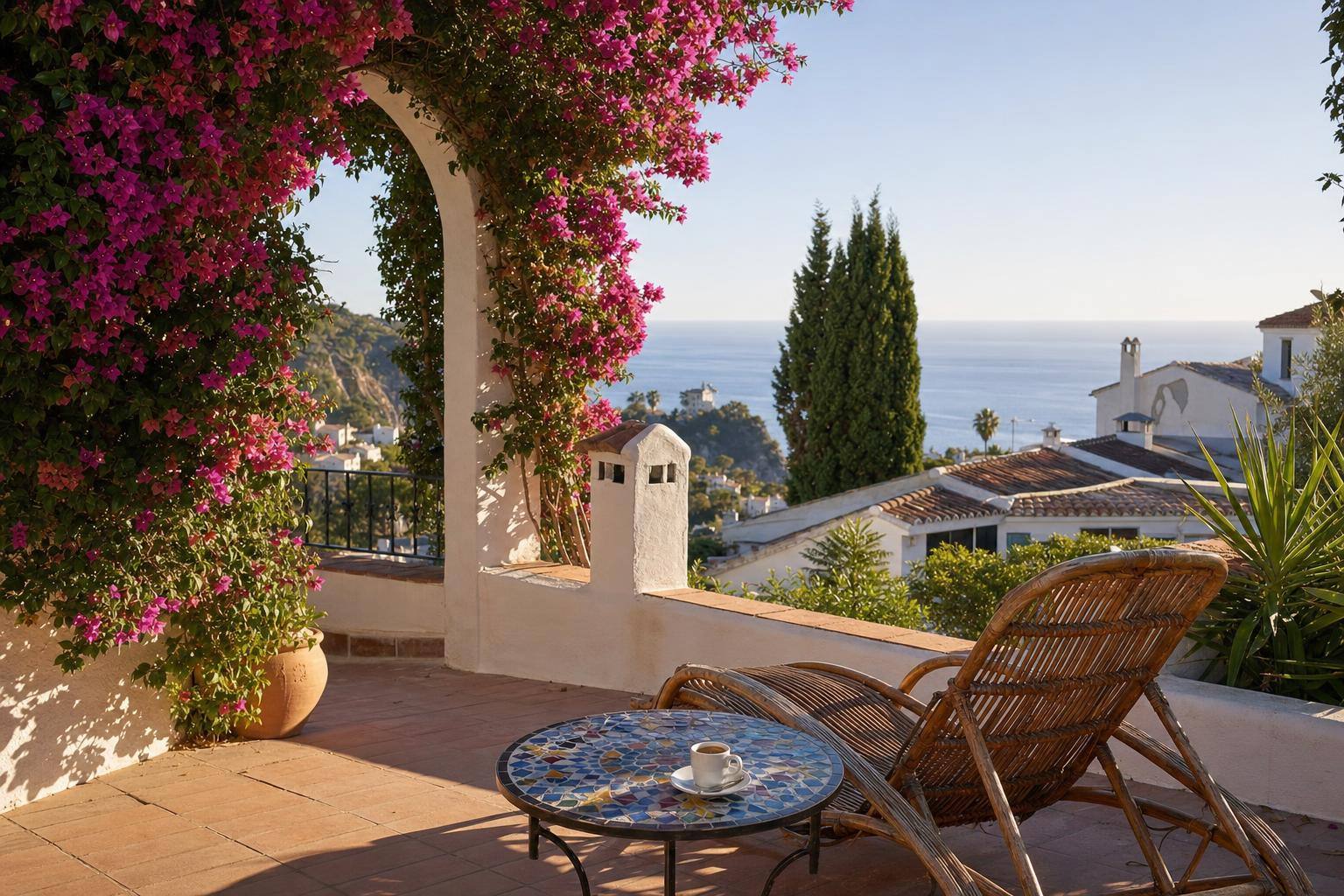Spansk villaterrasse i ettermiddagslys med utsikt mot Middelhavet, bougainvillea over buet inngang og rotting-solstol klar til bruk