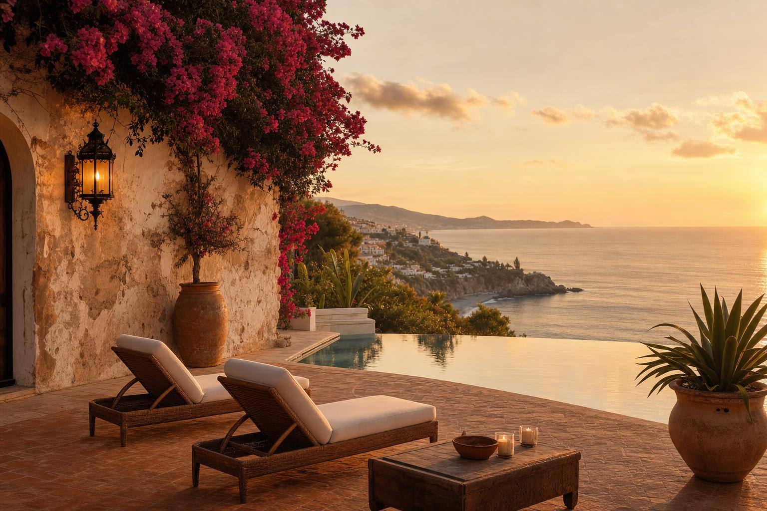 Andalusisk villaterrasse i solnedgang med en infinity-pool som speiler den gylne himmelen, bougainvillea som faller over en steinmur, terrakottafliser, to tomme rotting-loungestoler og en jernlanterne som glør, med en hvitkalket landsby i bakgrunnen