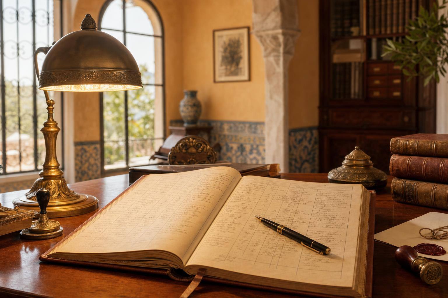 Vintage spansk notarialdesk med skinninnbundet eiendomsregister åpnet på en håndskrevet protokollside, en messing skrivebordslampe som kaster varm lyspøl, mørk fyllepenn på tvers av boken og en arkitektonisk arkad bak