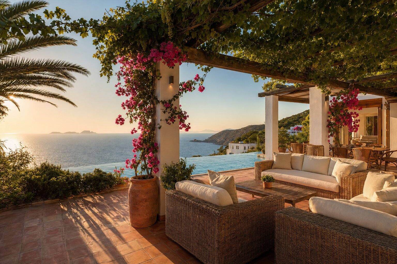 Spansk feriebolig-terrasse i ettermiddagslys med infinity pool, bougainvillea og utsikt mot Middelhavet, klar for utleie til feriegjester